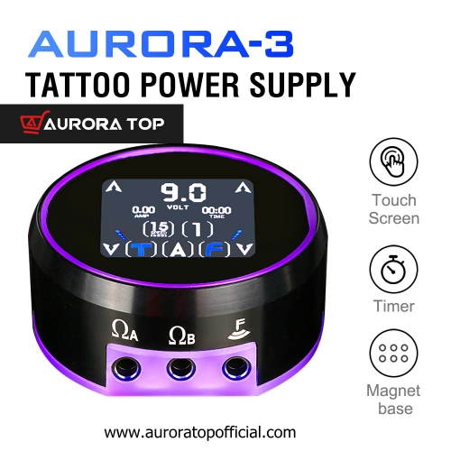 Newest Tattoo Power Supply AURORA-3 LCD Full Touch Screen Colorful Light with Adapter for Coil & Rotary Tattoo Gun Machine